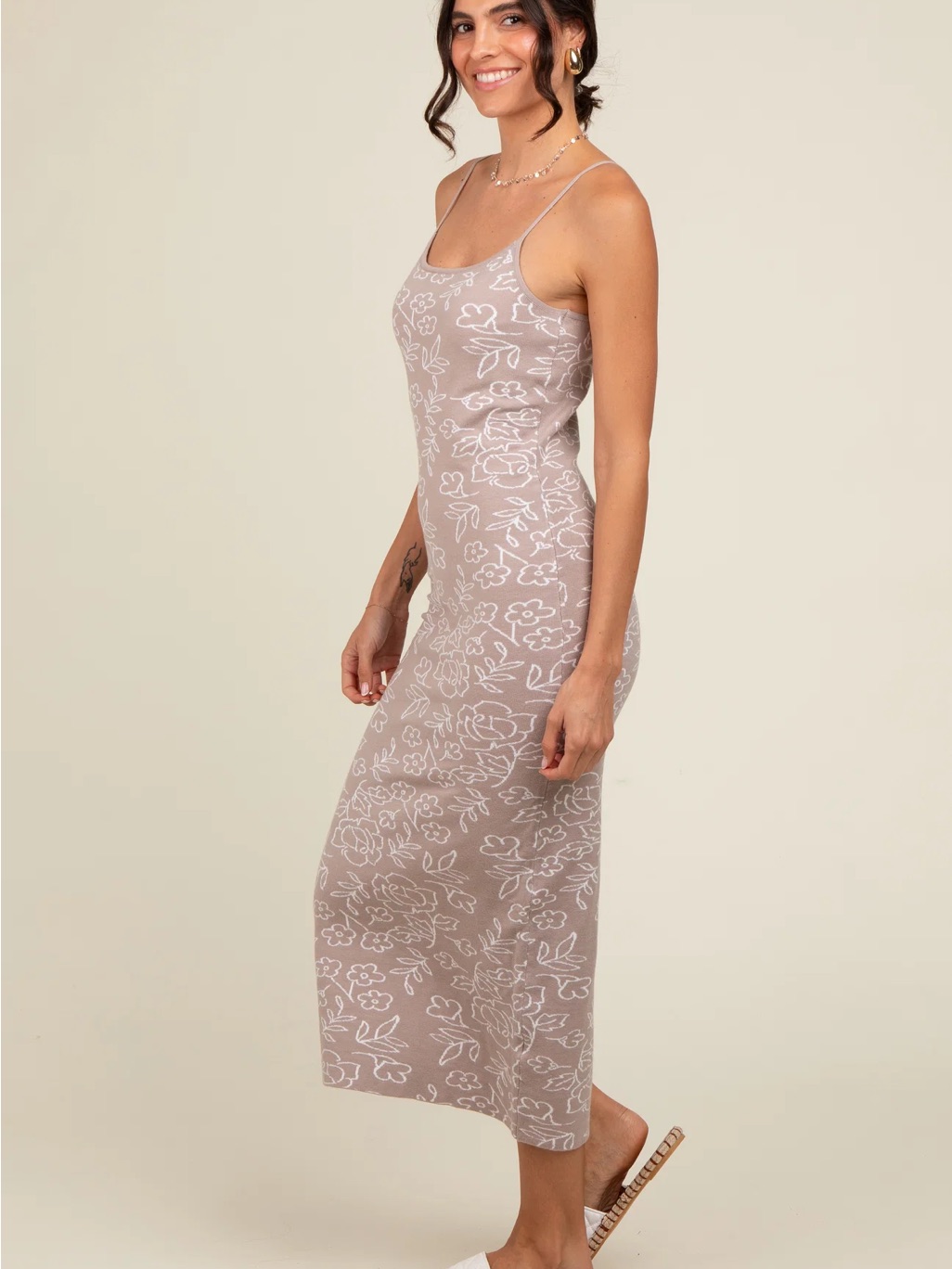 Beige Floral Knit Fitted Midi Dress - Maternity Friendly